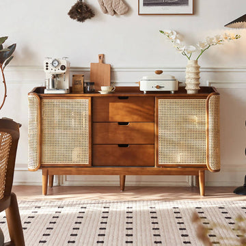 63" Rattan Dresser with 3 Drawers, Shelves, Doors Included - Walnut